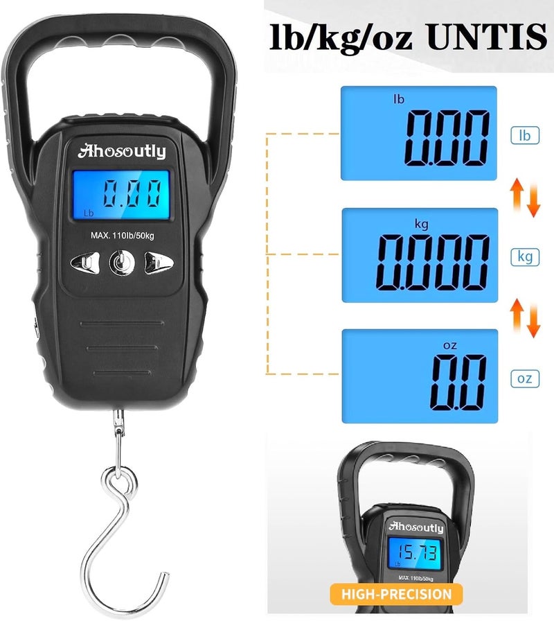 AHOSOUTLY Fish Scale,110lb/50kg Large Handle,Large Backlit LCD Display,Digital Fish Scale with Built-in Measuring Tape, Fishing Gifts for Men,Black… - Image 3